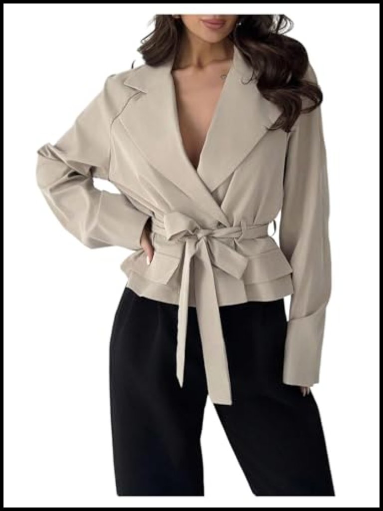 Cropped Trench Coat With Belt Fall Long Sleeve Blazer Business Casual Outerwear
